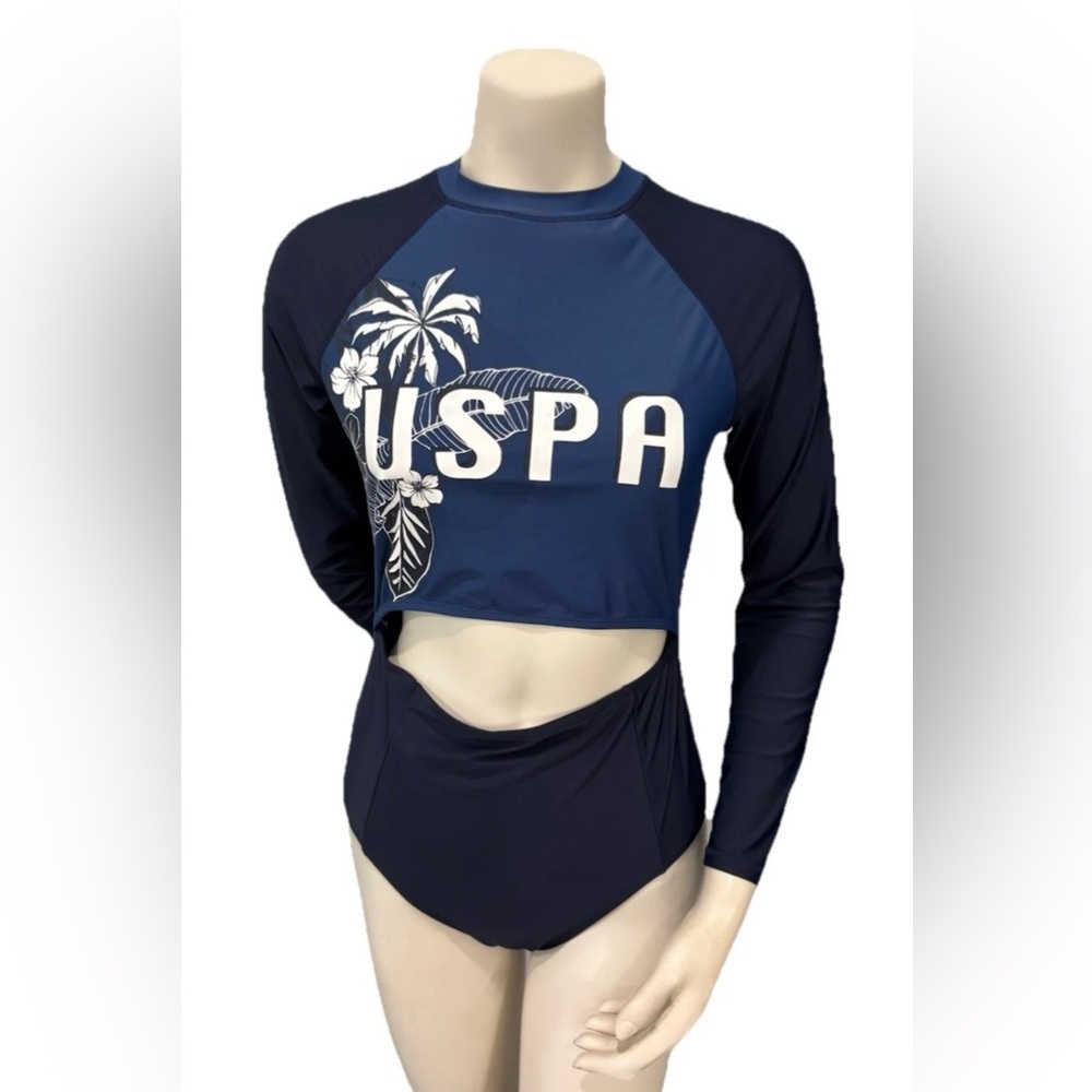 USPA Girls L 11/13 Navy Long Sleeve One Piece Swimsuit Floral Logo Zip Back